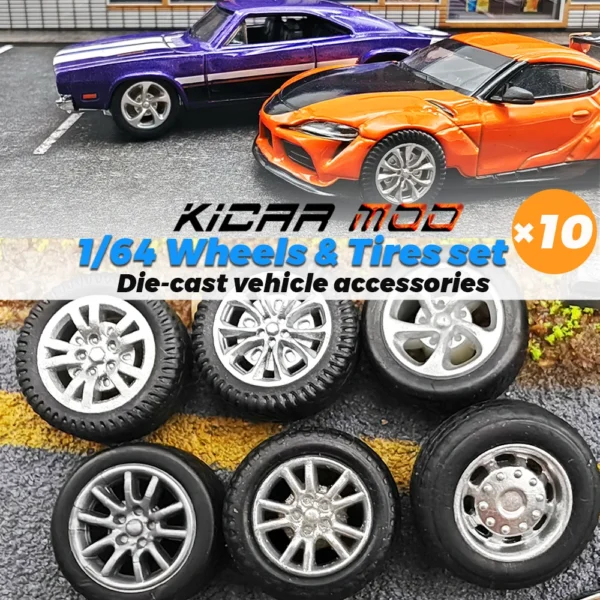 KicarMod ABS 1/64 Wheels with Rubber Tires 10 sets for 10 Model Cars Toy Wheels for Hot Wheels Hobby Detail-up Modified Parts